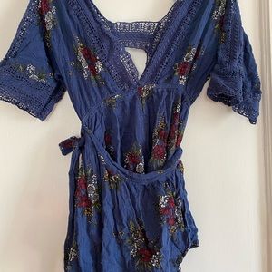blue floral warp around romper